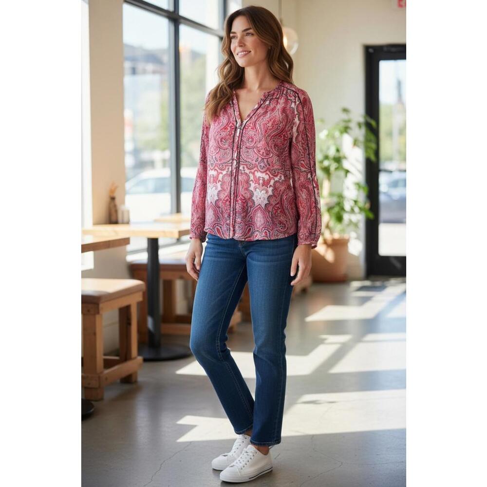 Lucky Brand Paisley Print V-Neck Long Sleeve Blouse Size‎ XS